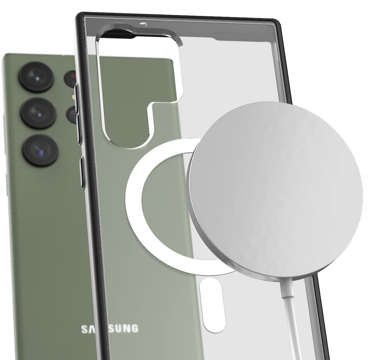 ENCASED Cargador inalámbrico magnético 2 en 1 con Funda para Samsung Galaxy S23 Ultra – Cargador Compatible MagSafe Incluido (2023 Ultra-6.8 Pulgadas) Transparente