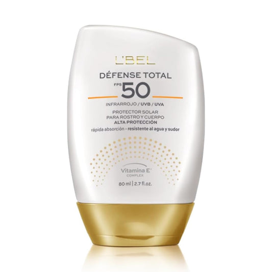 L'BEL - Défense Total Protector Solar para Rostro y Cuerpo 80 ml, Alta Protección FPS 50+, de Amplio Espectro, Crema Solar de Rápida Absorción, Resistente al Agua y Sudor, Ideal para Actividades en Exterior