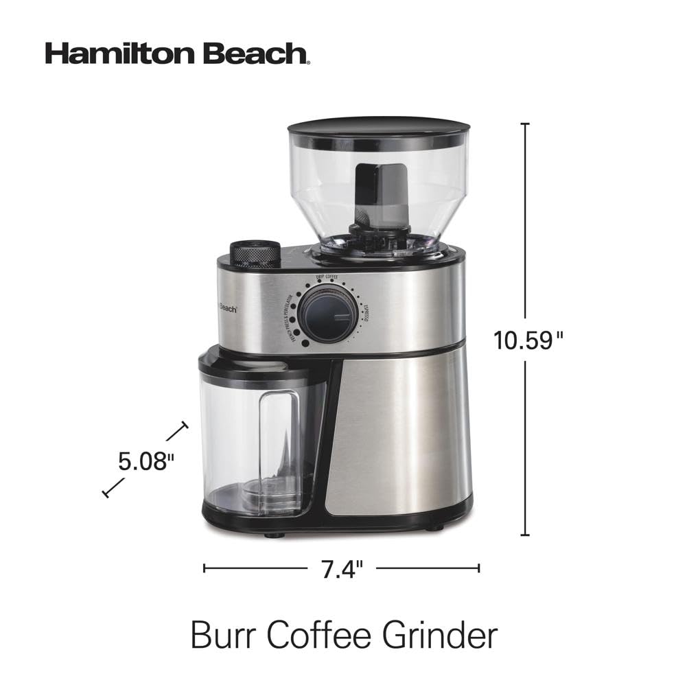 Hamilton Beach Molinillo de café eléctrico con tolva grande de 16 onzas y 18 ajustes para 2-14 tazas, acero inoxidable (80385)