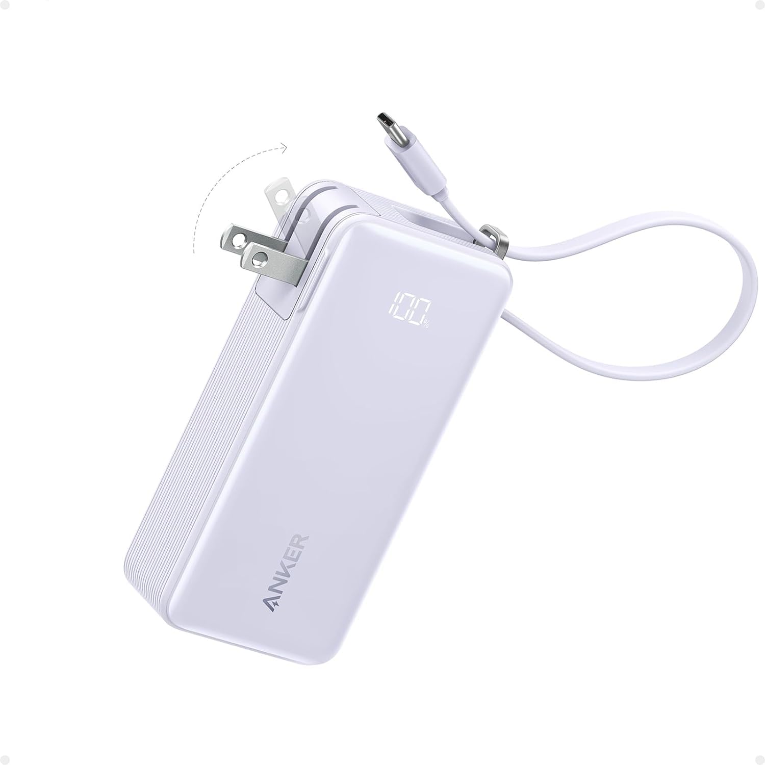 Cargador Portátil Anker USB C Negro 10,000mAh con Cable Integrado y Enchufe Plegable, Batería de 30W Máx para iPhone, Samsung y MacBook