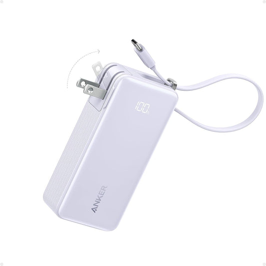 Cargador Portátil Anker USB C Negro 10,000mAh con Cable Integrado y Enchufe Plegable, Batería de 30W Máx para iPhone, Samsung y MacBook