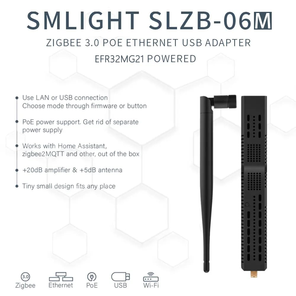 LOAMLIN SMLIGHT SLZB-06M - Un adaptador Zigbee 3.0 a Ethernet, USB y WiFi con soporte PoE, funciona con Zigbee2MQTT, asistente doméstico, ZHA