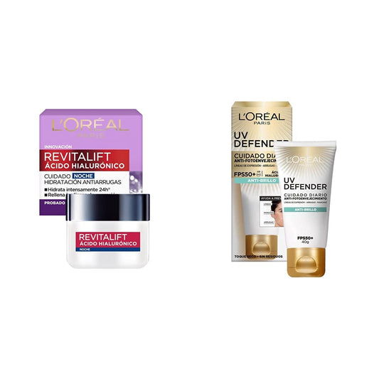 Crema hidratante antilíneas de expresion Revitalift Ácido Hialurónico Noche de L'Oréal Paris 50 ml + L'Oreal Paris bloqueador solar FPS 50 + UV Defender antibrillo 40ml