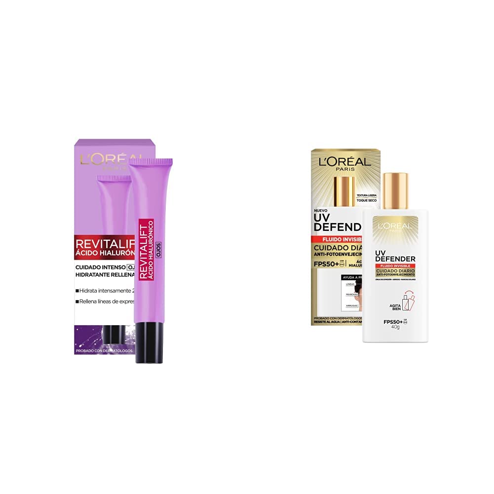 Crema para ojos anti-líneas de expresion Revitalift Ácido Hialurónico de L'Oréal Paris, 15 ml+L'oreal Paris Uv Defender bloqueador solar Fluido Invisible FPS 50+