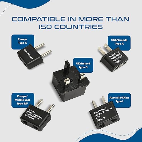 Ceptic Internacional En todo el mundo adaptador de viaje enchufe Set de 5 piezas, ideal para teléfonos celulares, cargadores de batería, computadoras portátiles