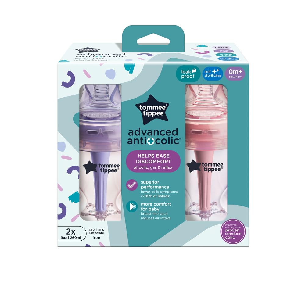 Biberón Anti-Cólico Tommee Tippee Rosa y Morado, Tetina Similar al Pecho, para una Lactancia Natural, Pack de 2