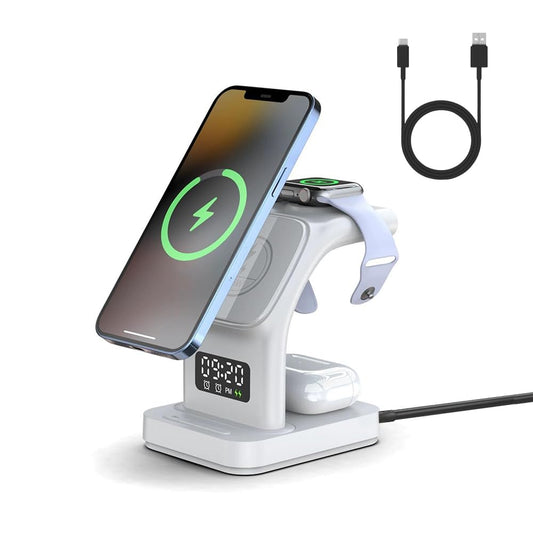 Cargador Inalámbrico Magnético AHED Blanco 5 en 1 con Luz LED para iPhone, AirPods y iWatch