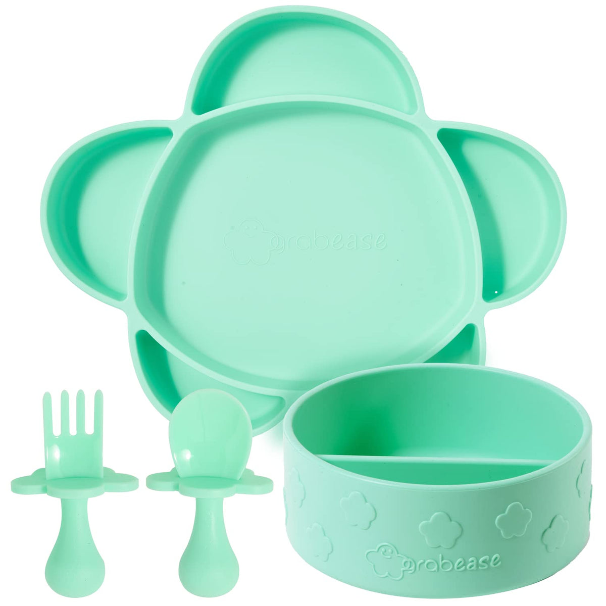 Grabease - Set de alimentación para bebé, cuenco de silicona, plato y utensilios en forma de nube, juego de 4 piezas