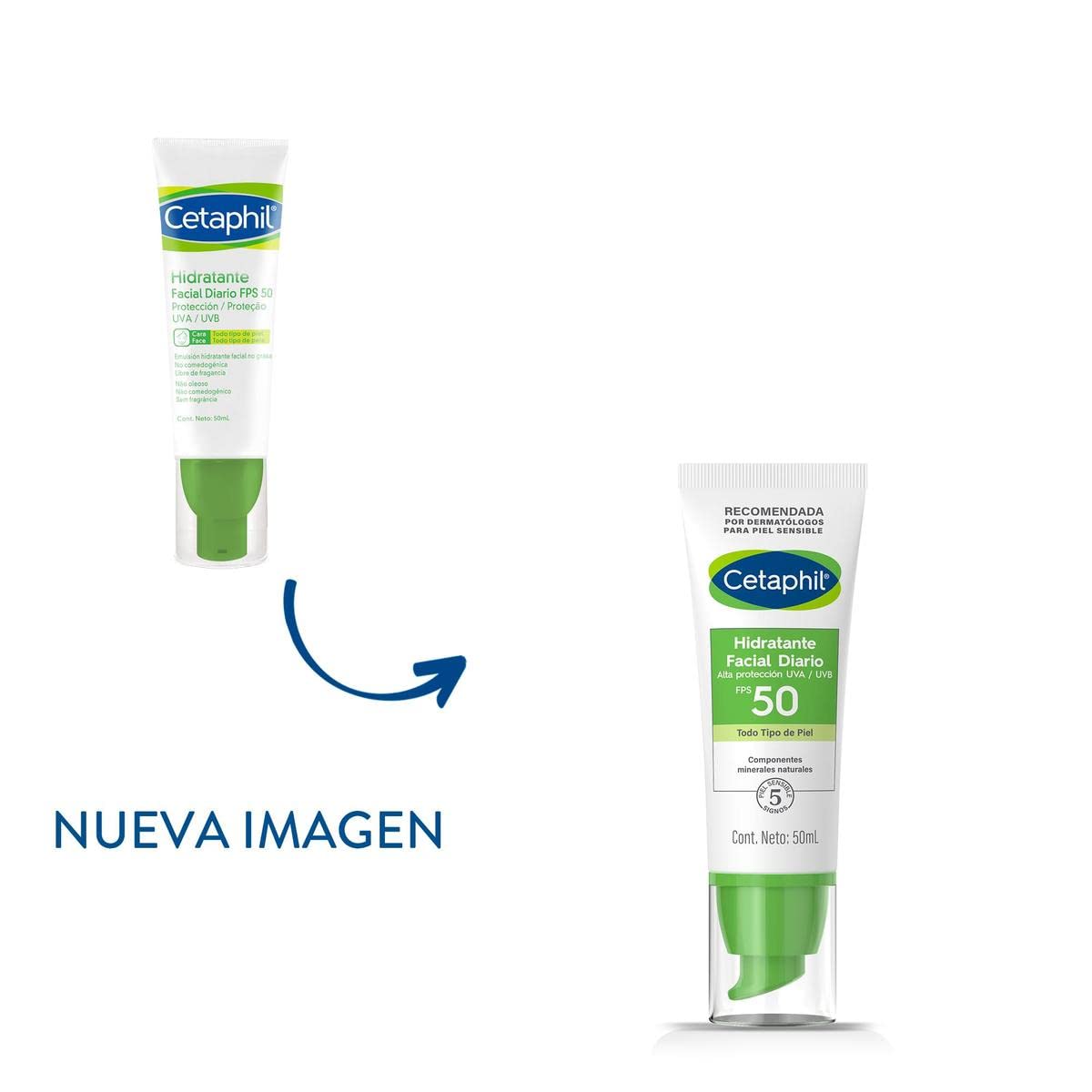 Cetaphil Hidratante Facial Diario con Protección UVA UVB y FPS 50, Hidrata con Fotoprotección UVA UVB Recomendada por Dermatólogos para Piel Sensible