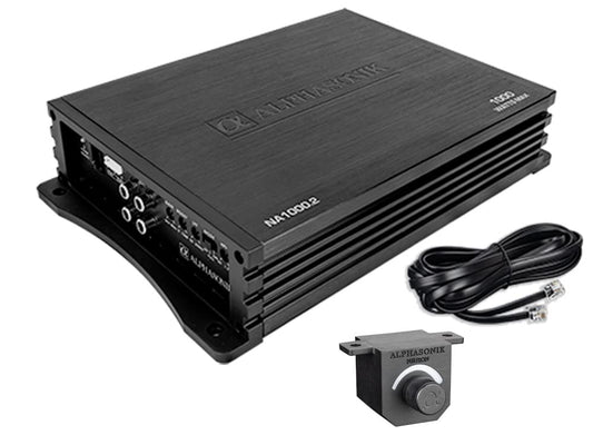 Alphasonik NA1000.2 Neuron Series Amplificador de coche de 1000 vatios máximo de 2 canales con circuito de protección de 4 vías, amplificador de clase A/B, entradas de bajo y alto nivel (perilla de graves remota incluida)