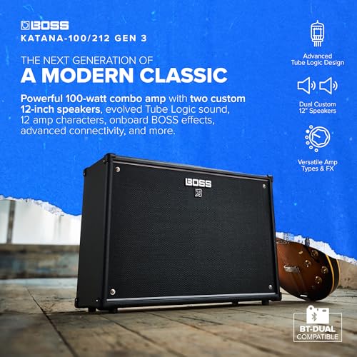 BOSS Katana-100/212 Gen 3 Amplificador de Guitarra | Potente Amplificador Combinado de 100 vatios | Dos Altavoces Personalizados de 12 Pulgadas | Sonidos lógicos de Tubo evolucionados | Caracteres de