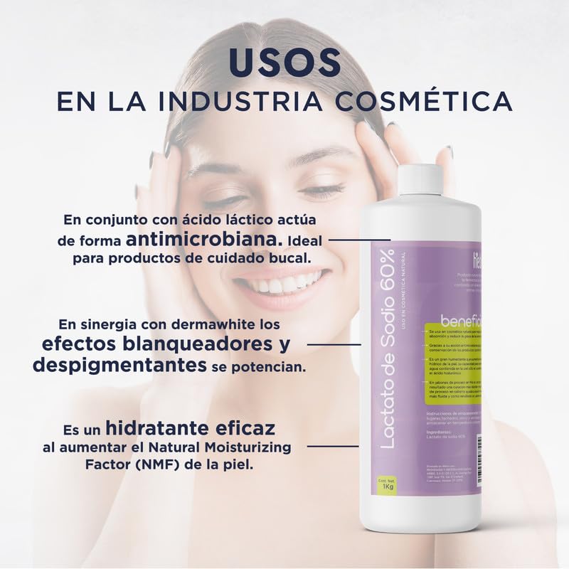 HEBBE Lactato de Sodio 60% 1 kg | Humectante NMF | Regulación pH | Jabones y Cremas Veganas | Soluble en Agua