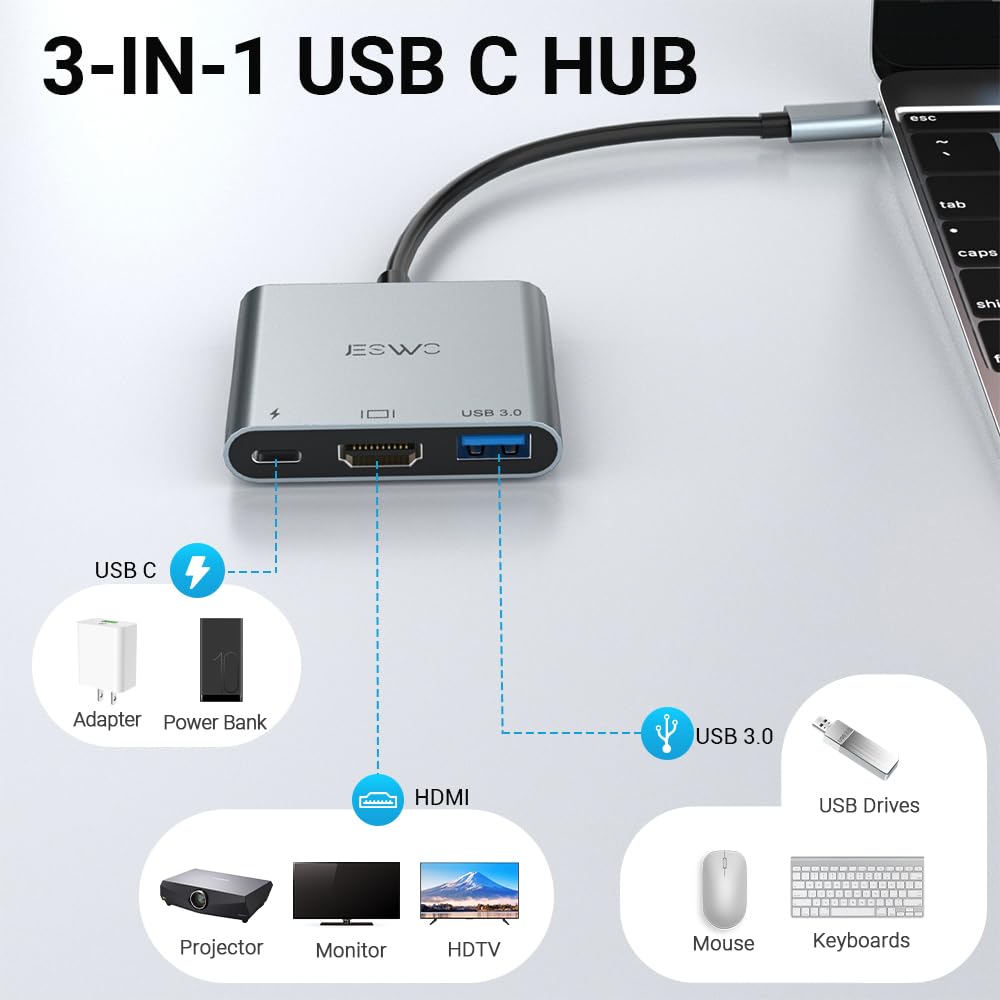 JESWO Adaptador USB C a HDMI, 3 en 1 USB C Hub, Adaptador Tipo C Multipuerto con Puerto de Salida HDMI 4K, Puerto USB 3.0 y PD 87W Carga, Compatible con MacBook/iMac Pro