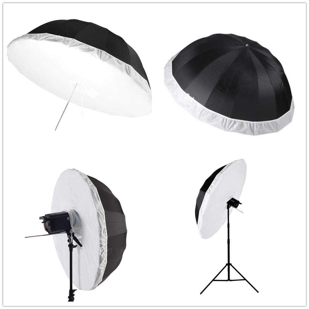 HappyGo - Difusor de paraguas parabólico de 60 pulgadas, difusor de paraguas de tela suave para 16 varillas, color negro y plateado, paraguas de iluminación reflectante con banda elástica