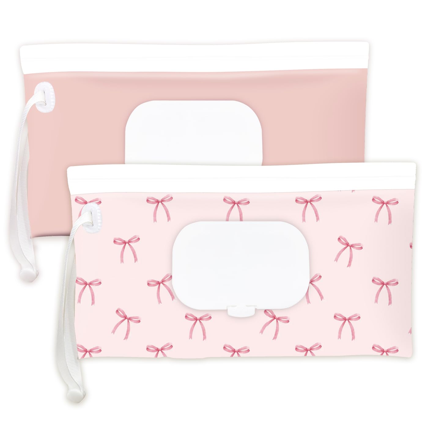 eoscasely - Dispensador de toallitas y contenedores, paquete de 2 soportes reutilizables para toallitas y fundas de viaje, bolsa recargable para artículos esenciales para bebés, diseño de rubor y lazo