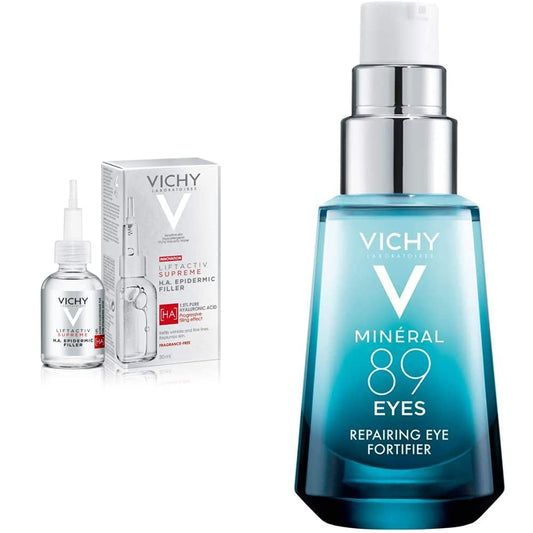 Vichy Ha epidermic filler: serum anti arrugas de acido hialuronico + Minéral 89 Contorno de Ojos - Gel con Ácido hialurónico y Cafeína pura, alisa, hidrata e ilumina