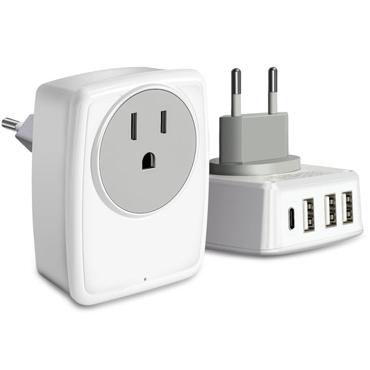 Adaptador de Enchufe Europeo de Viaje con USB C y 3 Puertos USB para España Francia Alemania Grecia Islandia