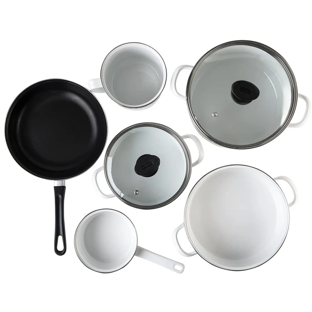 Cinsa Bateria de cocina Terranova Vaquitas en el corral, 9 piezas, Acero Vitrificado Novacero, Blanco con decorado de vacas