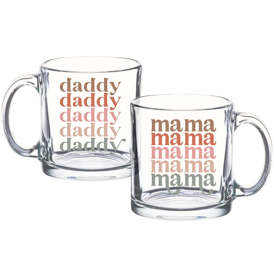 Tipit Drinkware - Juego de tazas de café de vidrio para mamá y papá, juego de regalo para nuevos padres a ser baby shower regalos para padres, tazas de mamá y papá para futuros padres
