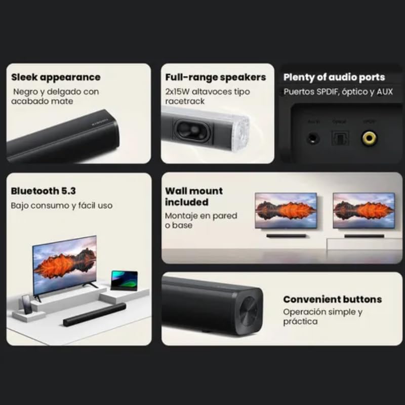 Xiaomi Barra de Sonido 2.0ch – 30W, Bluetooth 5.3, SPDIF/Óptico/AUX, Diseño Delgado, Montaje en Pared – Negra