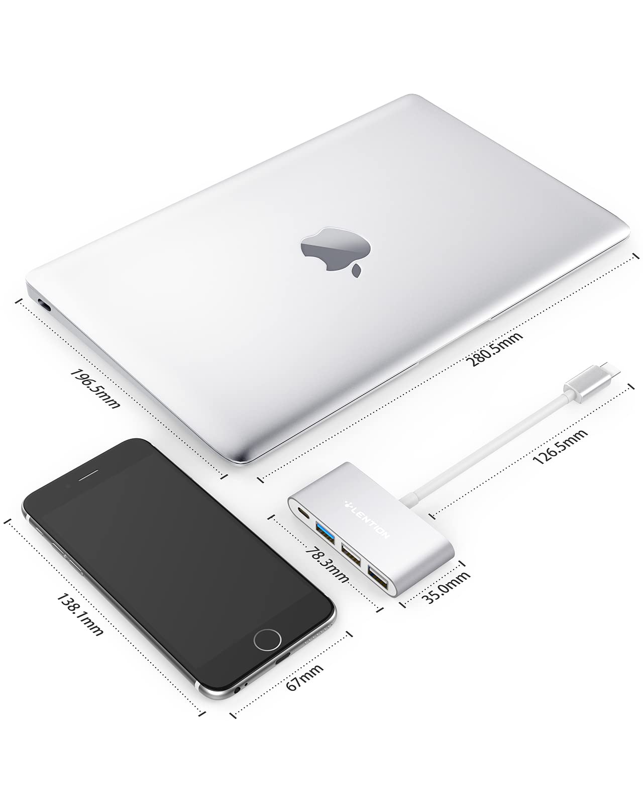 LENTION Hub USB-C 4 en 1 con Tipo C, USB 3.0, USB 2.0 Compatible 2023-2016 MacBook Pro 13/14/15/16, Nuevo Mac Air/Surface, Chromebook, Más, Adaptador multipuerto de Carga y conexión (CB- C13, Plata)