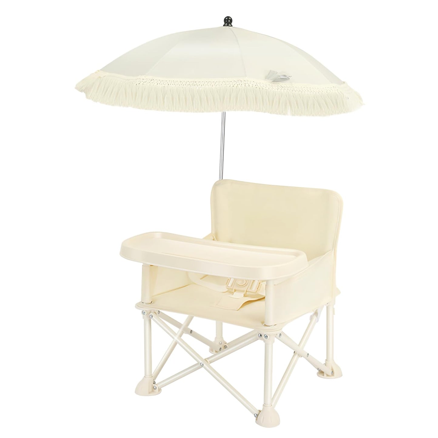 Silla de comedor plegable portátil para bebé, silla alta para exteriores, asiento plegable para niños pequeños con sombrilla y cinturón de seguridad (paraguas de borla beige)