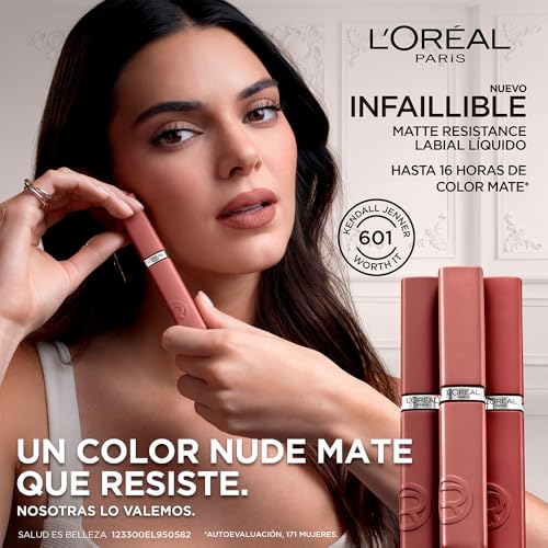 L'Oréal Paris, Infallible Matte Resistance Nudes, Labial Líquido Mate Larga Duración 16hr, Color Intenso con Ácido Hialurónico, Tono First Move 665, 5ml