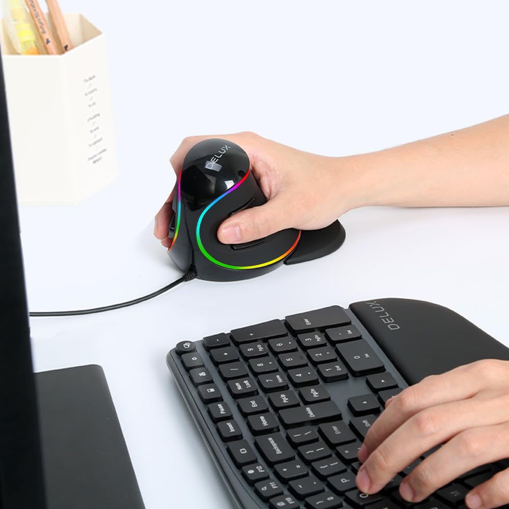 DeLUX mouse ergonómico, mouse vertical RGB grande con cable con 6 botones, reposamuñecas extraíble, 4000DPI y software a bordo que reduce la tensión de la mano, para túnel carpiano (M618Plus RGB-negro)