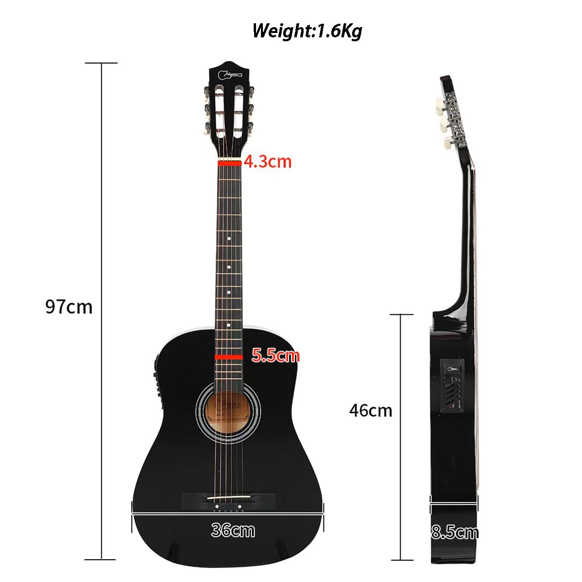 38 inch Electroacústica Guitarra Guitarra acustica con Afinadores,Correas,Cuerdas para Instrumentos,Plumillas,Cable amplificador guitarra,soul,Fundas para Guitarras 3/4 (Black3)