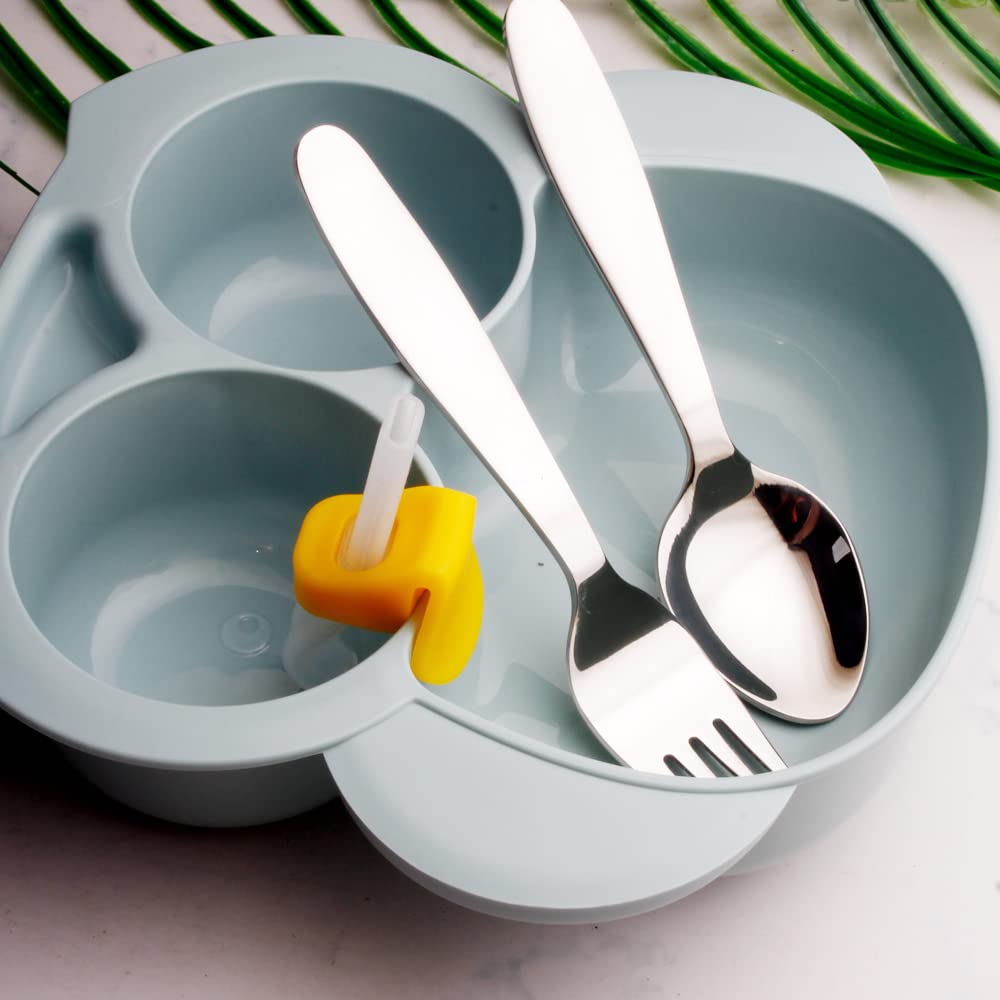 Enwinner Juego de cubiertos y cucharas para niños pequeños, cucharas de bebé, con pajitas para trazar palillos para niños (plata)