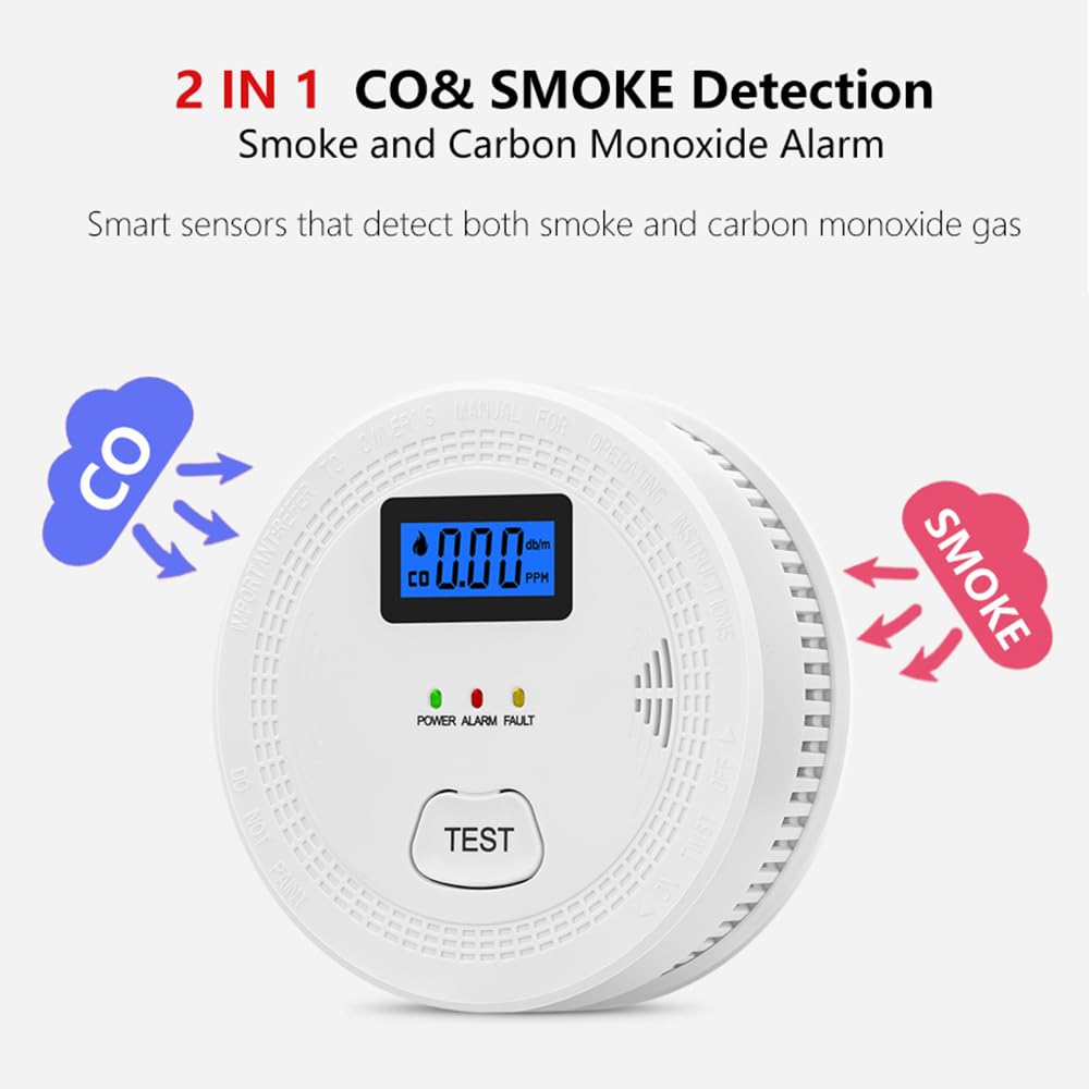 Feiniao Detector de Humo y monóxido de Carbono Sensores duales de Alta Estabilidad Detector de Humo Inteligente Alarma de luz Sonora Restablecimiento automático Detector de Alarma de Humo