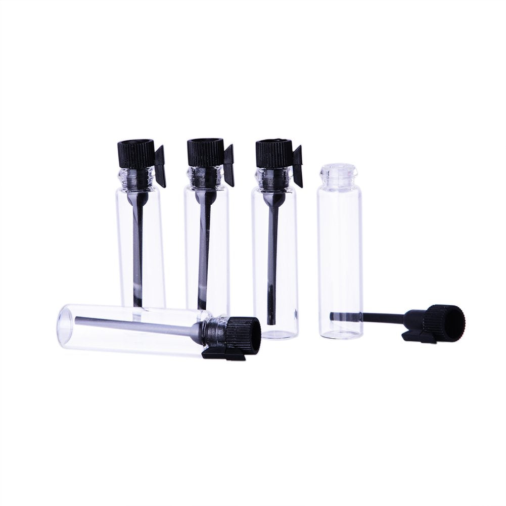 Enslz 100PCS Perfume Samples Mini Bottles With Black Lid Empty Glass Vials Dropper Bottle for Travel and Party(1ml)