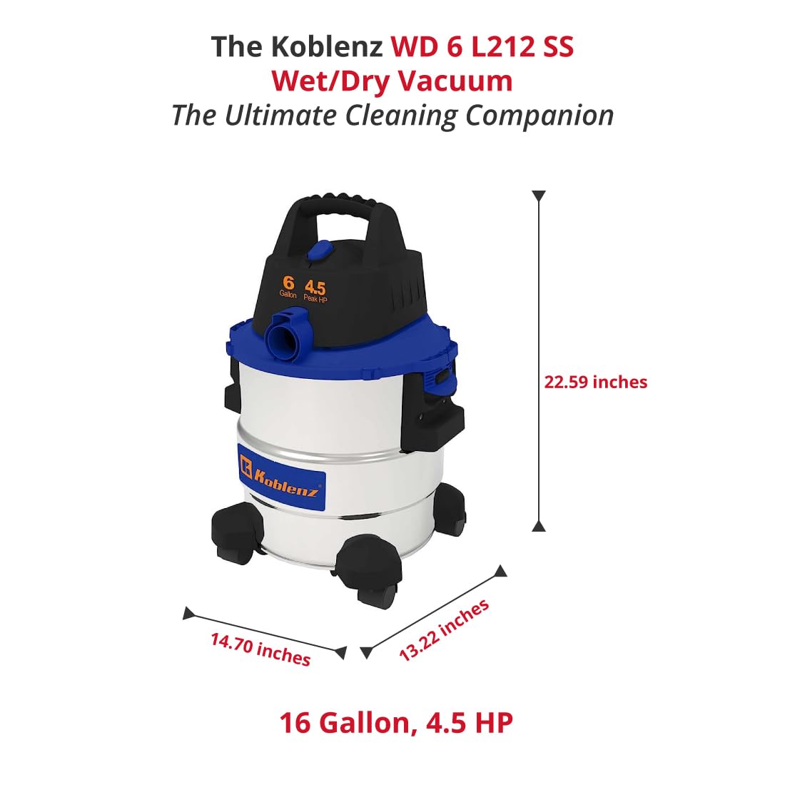 Aspiradora húmeda y seca Koblenz Acero Inoxidable Azul 6 Galones 4.5 HP
