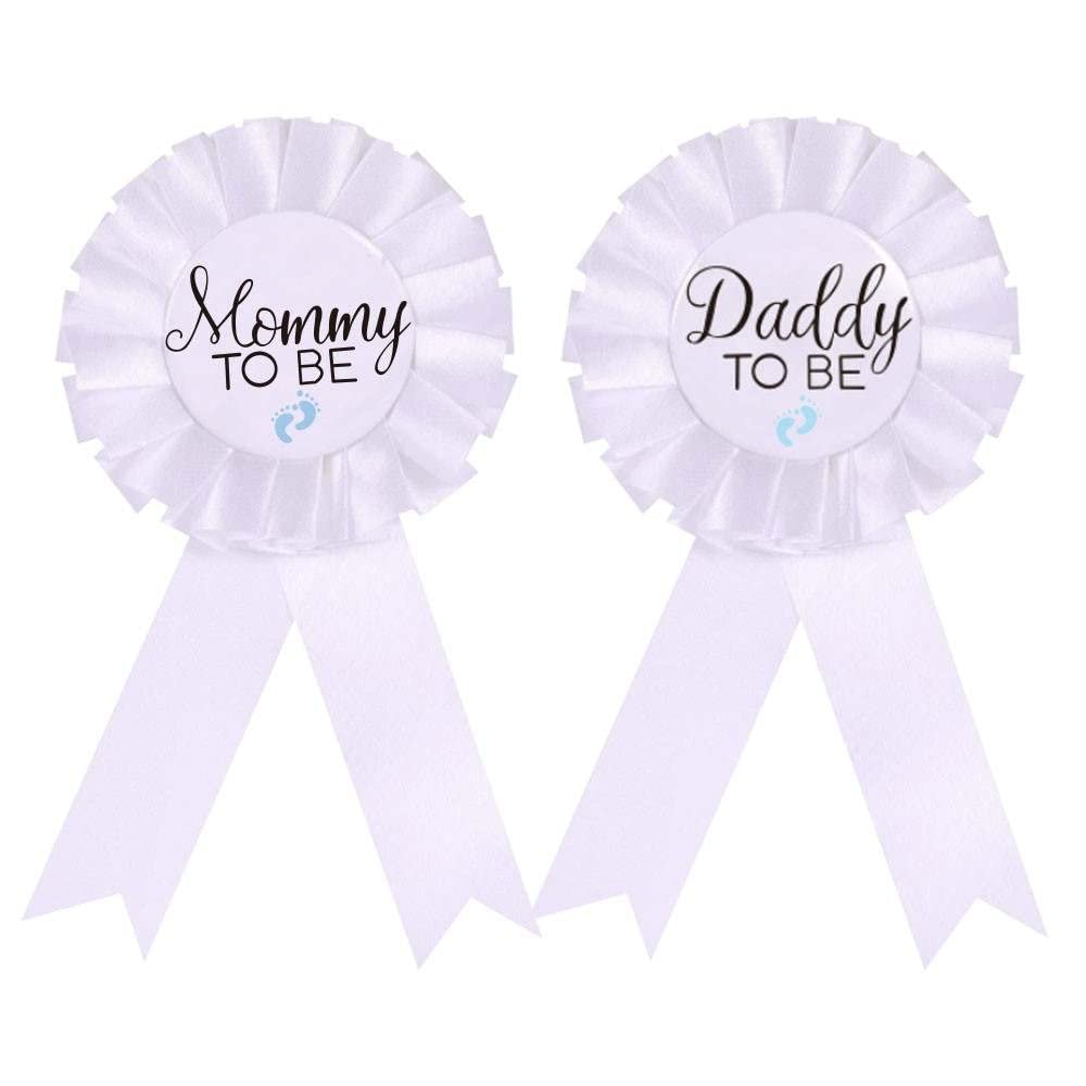 CoolerthingsDG, Pin de Placa de Hojalata para Papá y Mamá para Baby Shower y Revelación de Género, Regalo para Bebé, Niño, Botón de Roseta Blanca, Celebración del Bebé, Set de 2 Pines