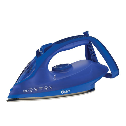 Oster Plancha de Vapor, AeroGlide Plus S7600, con Golpe de Vapor 200 g/min, Recubrimiento Metálico Cerámico, Suela con más Cobertura, Tecnología Aeroceramic, Función Eco, Azul Claro, GCSTAC7601-013