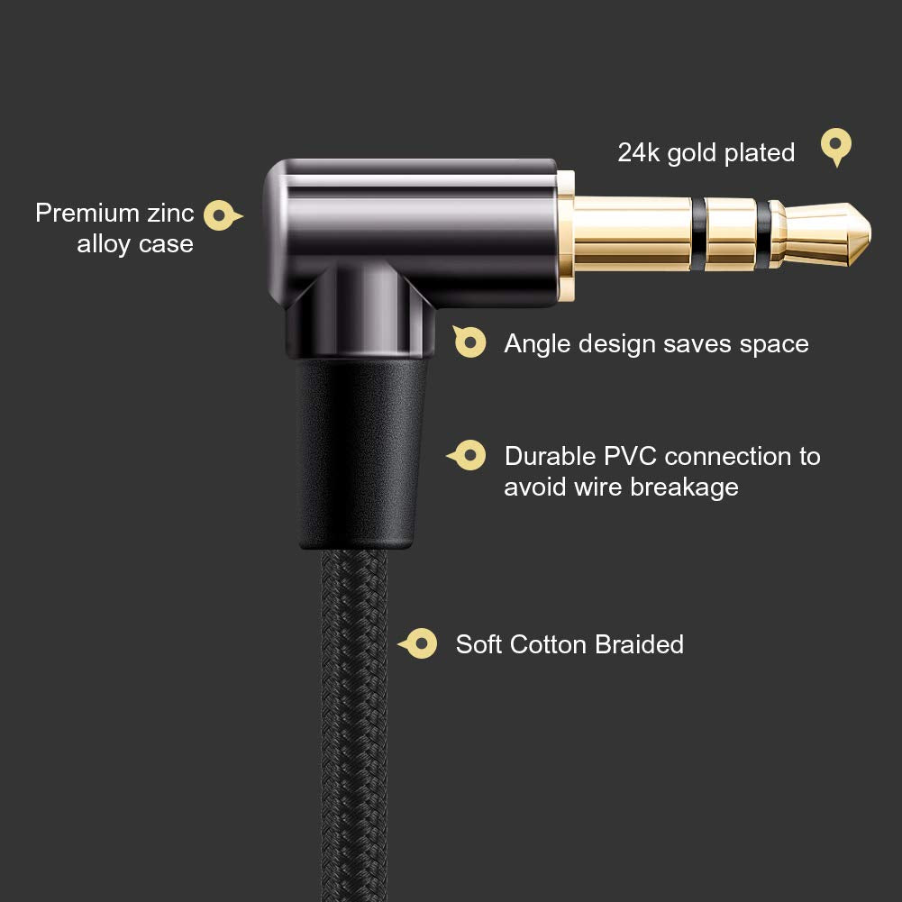 CableCreation Cable de audio auxiliar estéreo HiFi de 3,5 mm 3 metros, ángulo recto de 3,5 mm con núcleo de cobre plateado para estéreos de automóviles, iPhones, negro