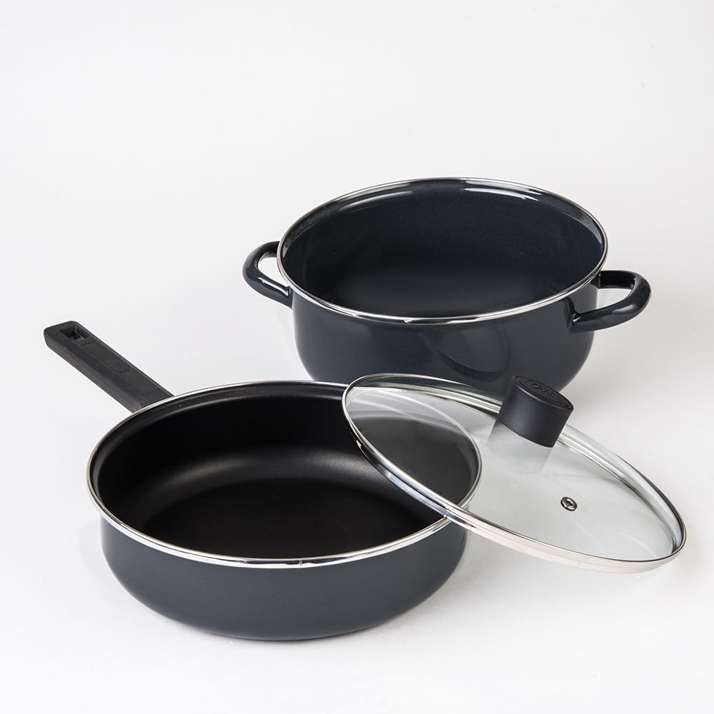 Cinsa Batería de cocina Mega Óptima 9 piezas, Peltre pesado con antiadherente con tapas de vidrio templado, Negro