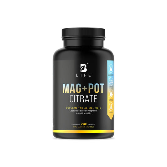 B Life Magnesio y Potasio | 240 Cápsulas | 1400 mg por porción | Adicionado con coco orgánico | Ingredientes naturales | Mag + Pot Citrate.