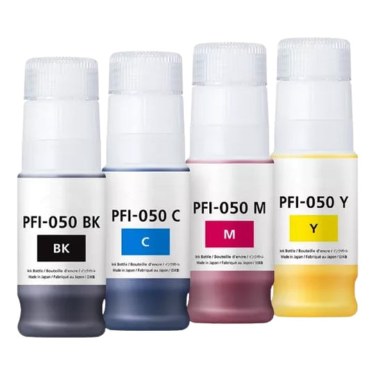 LizzVicc Pack de Tinta Genérica para Canon PFI-050 – 2 Botellas Negras, 1 Cian, 1 Magenta y 1 Amarillo (70 ml c/u) – Compatible con Plóter Canon TC-20 – Tinta Pigmentada de Alta Precisión