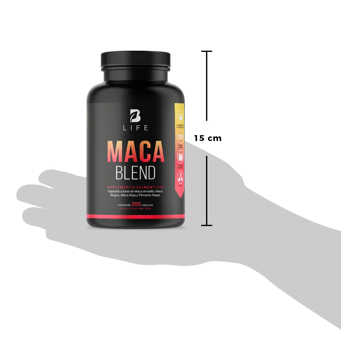 Complejo de Maca 200 Cápsulas 1000 mg por porción. Amarilla, Negra, Roja y Pimienta Negra. Ingredientes naturales. Maca Blend.
