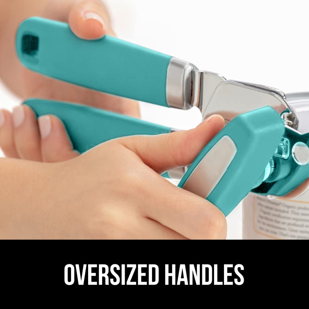 Gorilla Grip Abrelatas manual de mano de acero inoxidable resistente con borde liso con mango suave al tacto, a prueba de óxido, perilla de mano fácil giro, el mejor abridor de tapa grande para cocina, turquesa