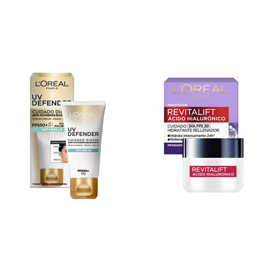 L'Oréal Paris Protector Solar Diario Anti-Brillo FPS50+ UV Defender, 40ml + Crema hidratante anti-líneas de expresion Revitalift Ácido Hialurónico Día de L'Oréal Paris, 50 ml