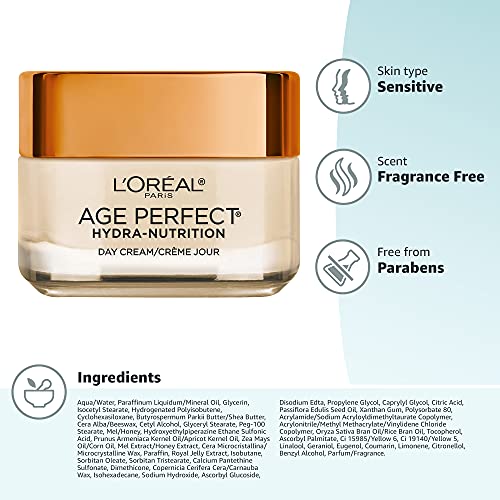 Face Moisturizer by L’Oreal Paris, Age Perfect Hydra-Nutrition Day Cream with Manuka Honey Extract and Nurturing Oils, Anti-Aging Cream to Firm and Improve Elasticity on Dry Skin, Paraben Free, 1.7 oz