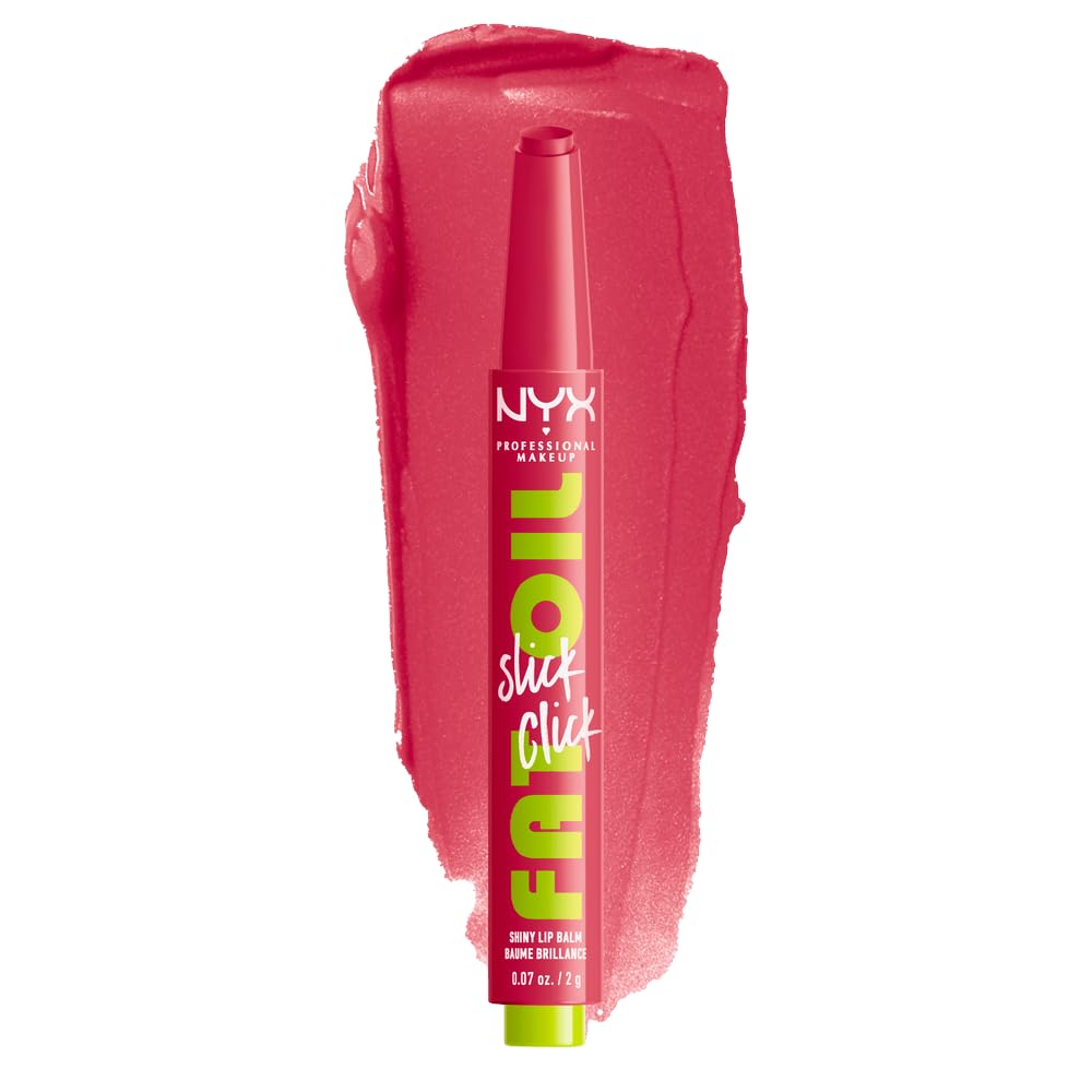 NYX Professional Makeup, Fat Oil Slick Click, 2gr. Tono: Double Tap. Brillo de labios en barra, hidrata hasta por 12hrs, sensación no pegajosa, con infusión de aceite de aguacate, frambuesa y zarzamora. Fórmula vegana.
