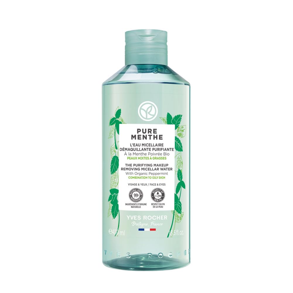 Yves Rocher Pure Menthe Agua Micelar Desmaquillante Purificante y Matificante, Piel Mixta a Grasa, Con Hierbabuena, 400 ml