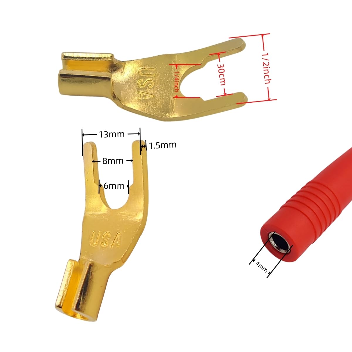 Conectores de Pala Sam&Johnny Dorados a Cable de Altavoz 4 mm con Construcción Soldada Paquete de 4 Unidades