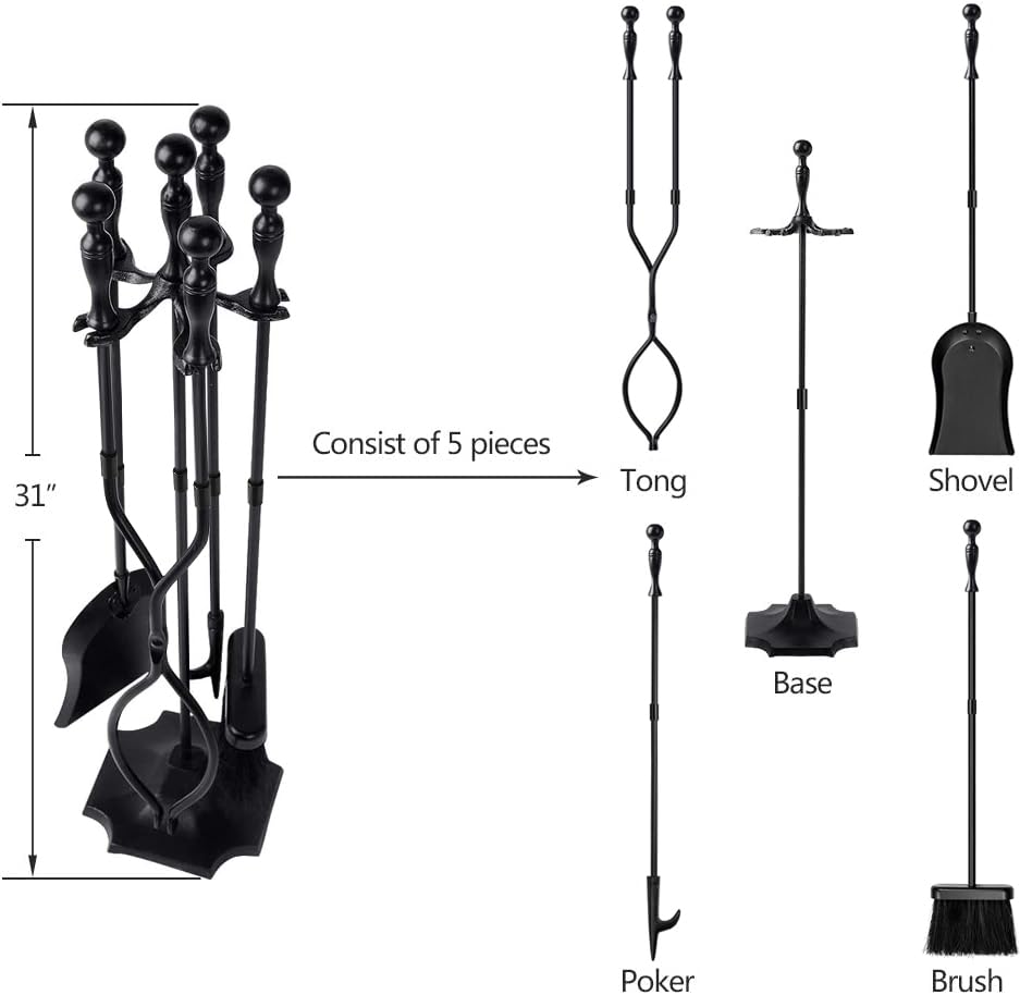 Herramientas para Chimenea Rustic Negro Juego de 5 Piezas de Herrería con Mangos para Decoración de Chimeneas y Estufas de Leña