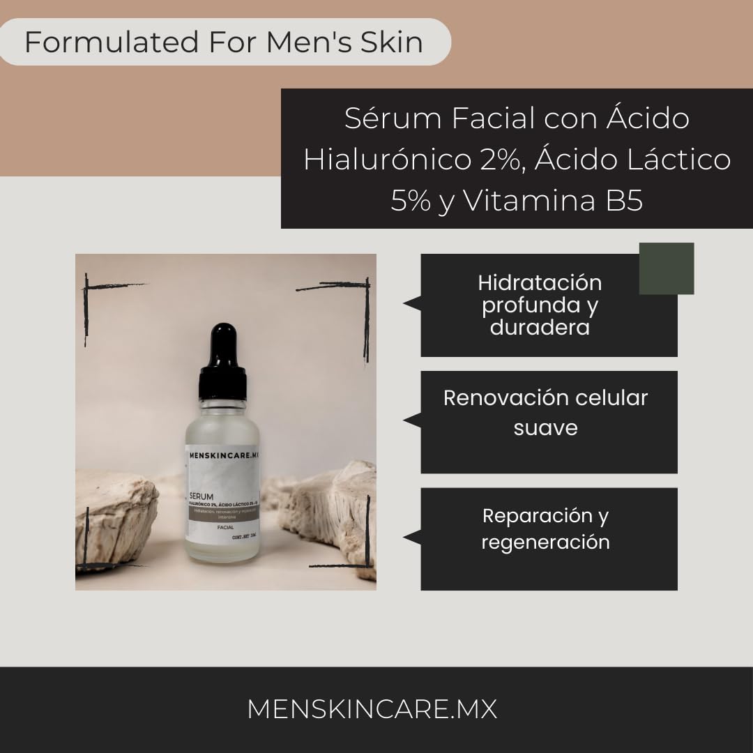 Sérum Facial con Ácido Hialurónico 2%, Ácido Láctico 5% y Vitamina B5 - Hidratación Profunda y Renovación de la Piel