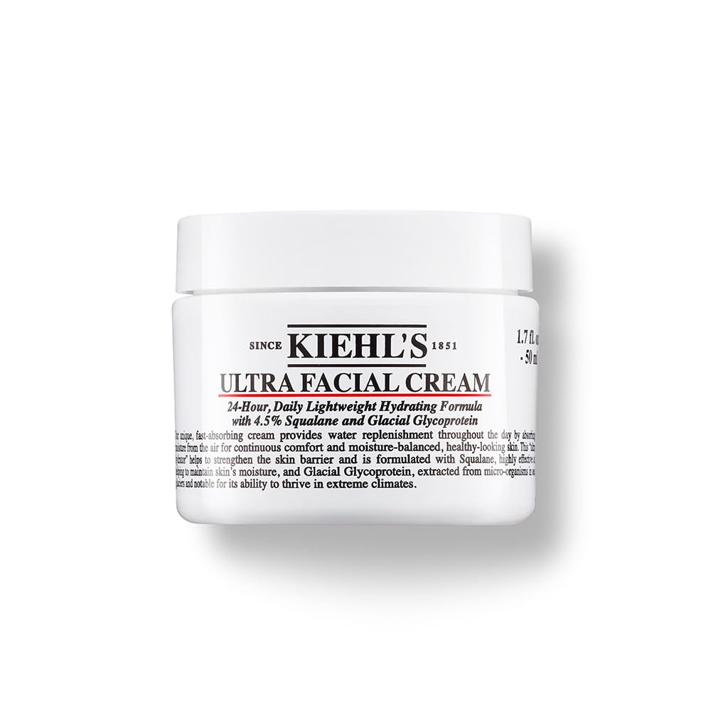 Kiehl's, Ultra Facial Cream, hidratante facial ligero no graso que deja la piel 2.3 veces más hidratada al instante, fortalece la barrera de la piel, Sin Alcohol, Con 4.5% de Escualano, 50 ml