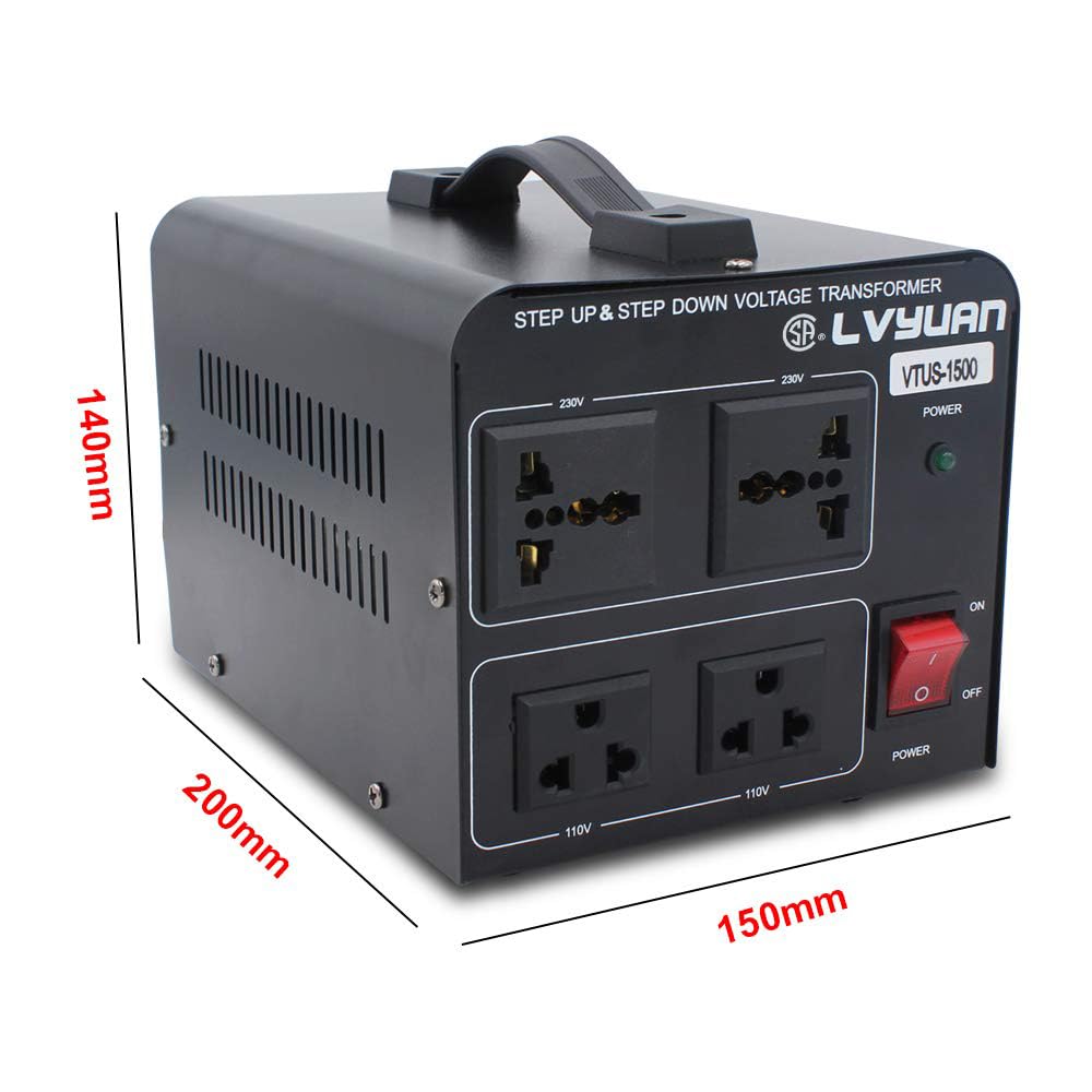 Cantonape - Transformador de voltaje de 1500 vatios, elevador/reductor que convierte de 110-120 voltios a 220-240 voltios y de 220-240 voltios a 110-120 voltios, 2 tomas de EE.UU., 2 tomas universales